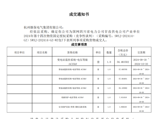 熱烈祝賀杭州繼保電氣中標國網四川省電力公司甘孜供電公司產業(yè)單位 2024年第十四次物資固定授權采購項目